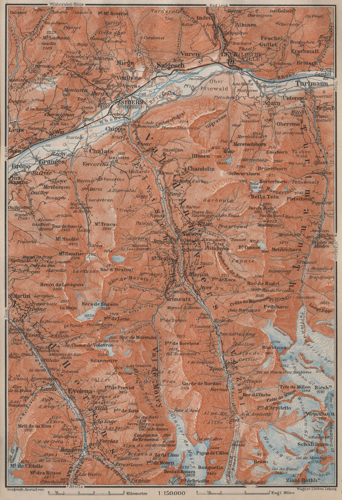 SIERRE & VAL D'ANNIVIERS. Crans-Montana Grimentz Leukle Weisshorn 1913 old map